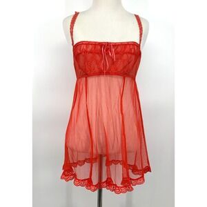 Victoria's Secret Babydoll Dress Womens Size Medium Red Sheer Lace Lingerie VTG